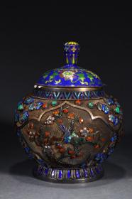 清代,掐丝珐琅银累丝烧蓝盖罐。