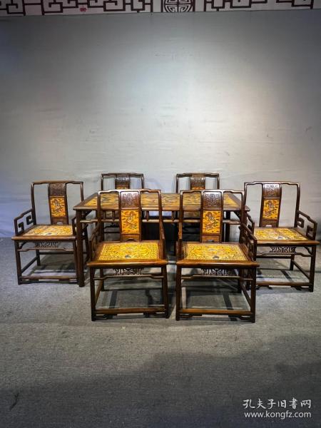 旧藏大叶黄花梨雕填餐桌，