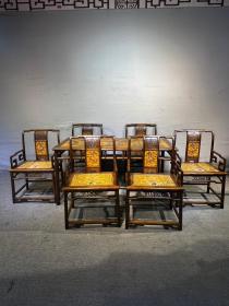 旧藏大叶黄花梨雕填餐桌,