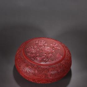 清代-剔红漆器“花开富贵”圆形盖盒。