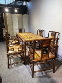 旧藏大叶黄花梨雕填餐桌,