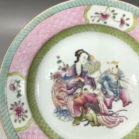 回流粉彩三娘教子盘,