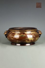 明 精铸铜胎鹤鹿同春纹狮首耳炉