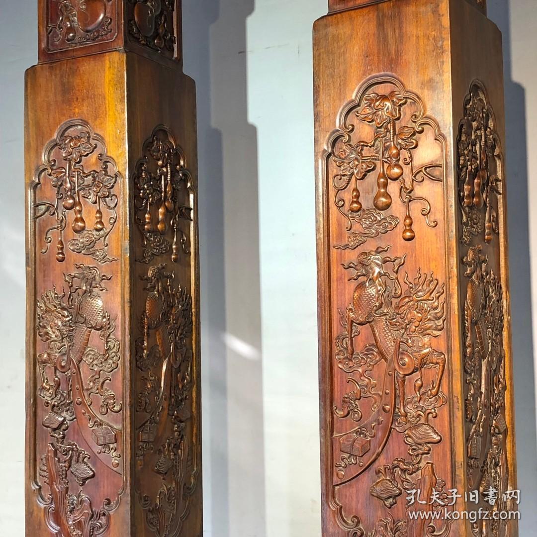 旧藏 黄花梨高浮雕麒麟风水柱原木，
