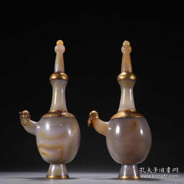 旧藏 老玛瑙包金净瓶一对