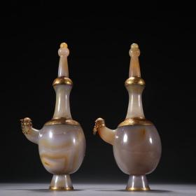 旧藏 老玛瑙包金净瓶一对