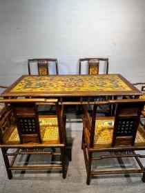 旧藏大叶黄花梨雕填餐桌,