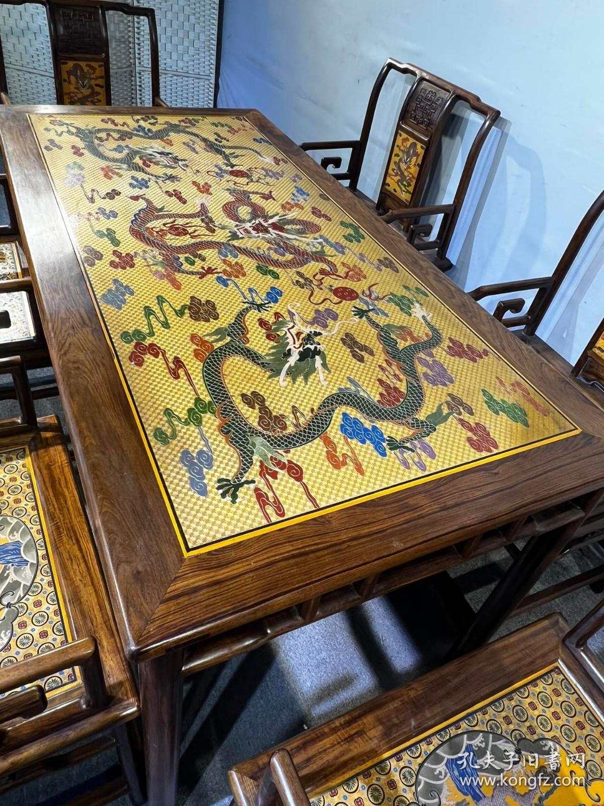旧藏大叶黄花梨雕填餐桌，