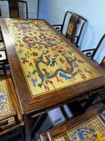 旧藏大叶黄花梨雕填餐桌,