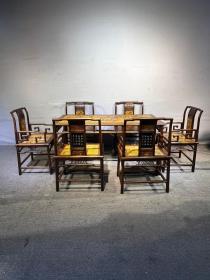 旧藏大叶黄花梨雕填餐桌,