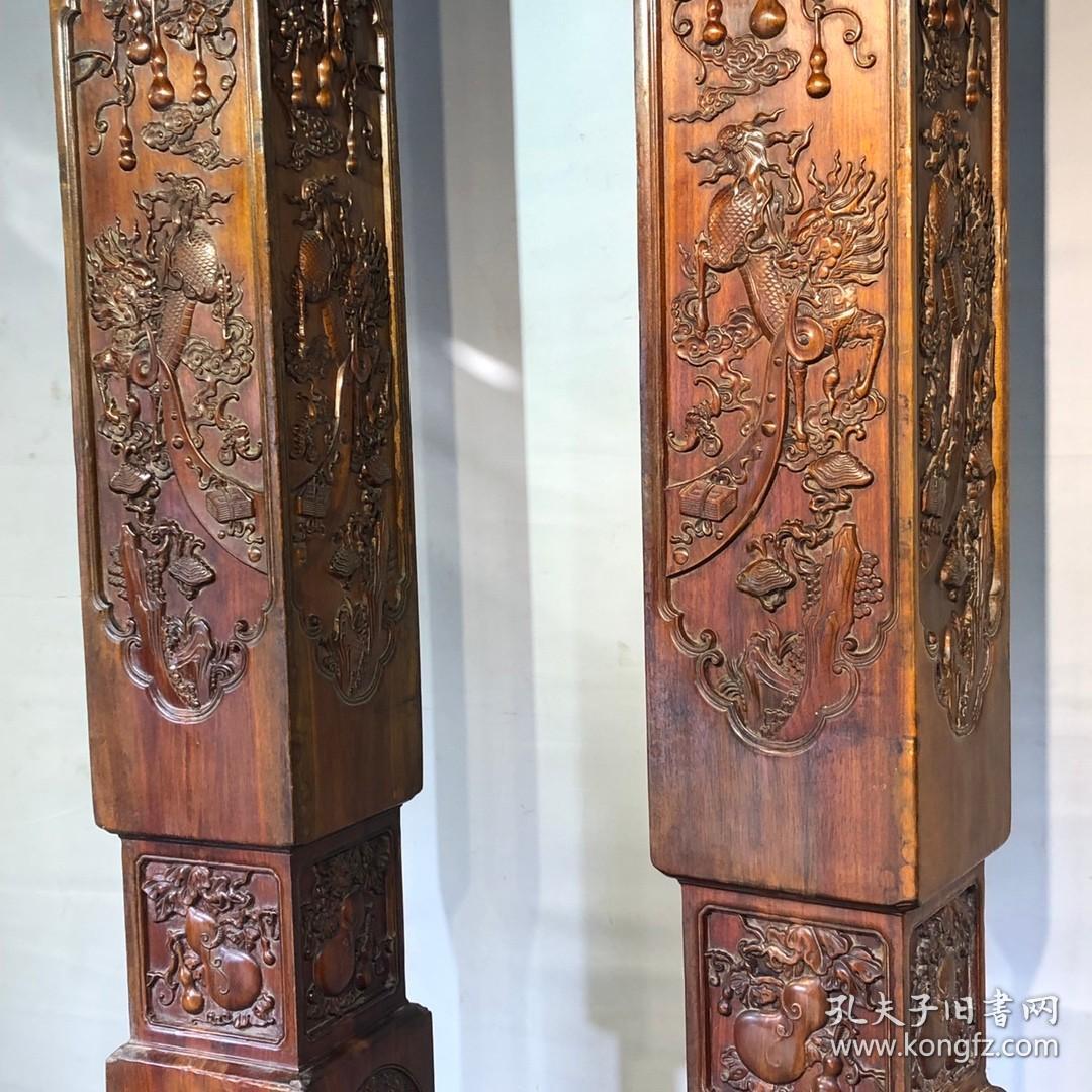 旧藏 黄花梨高浮雕麒麟风水柱原木，