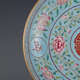 清嘉庆年间制松石绿地粉彩如意千秋大盘