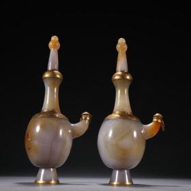 旧藏 老玛瑙包金净瓶一对