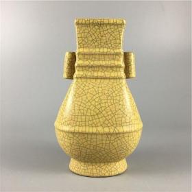 宋哥窑开片黄釉八方贯耳花瓶古瓷器摆件古玩旧货老物书房收藏品