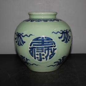 豆青花釉青花福禄寿罐刀刻纹釉下彩民窑器形无款中式家居清