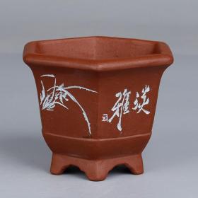 苏玲制陶款梅兰竹文字纹紫砂小六方花盆文竹菖蒲多肉盆景植物花盆