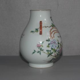精品陶瓷摆件手绘粉彩凤凰双耳福筒诗文花卉青花底款古玩清