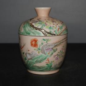 珊瑚红粉彩花鸟参罐带盖手工画光绪款古玩古董成双古玩明清