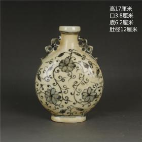 明青花手绘缠枝纹双耳瓶扁瓶民间古玩古董老货旧货古瓷收藏摆件