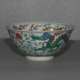 五彩龙纹缠枝花卉薄胎撇口碗青花成化款古玩收藏家居中式明