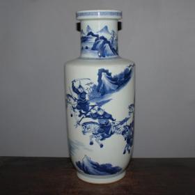 精品手绘青花人物战将棒槌瓶釉下彩六字款高档古玩古董家居