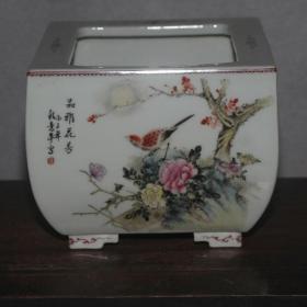 手工画粉彩花鸟四方镶器笔筒书筒细工重彩名人名作中式摆件