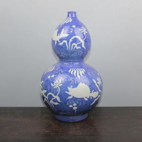明雪花蓝刻鱼草龙葫芦瓶刀刻纹古玩古董刻底款古玩古董收藏家居
