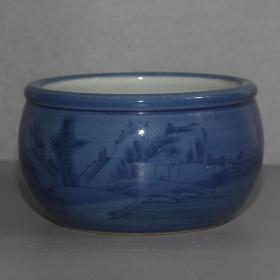 蓝中蓝青花山水圆口缸沙底双层古玩收藏家居中式摆件手工画
