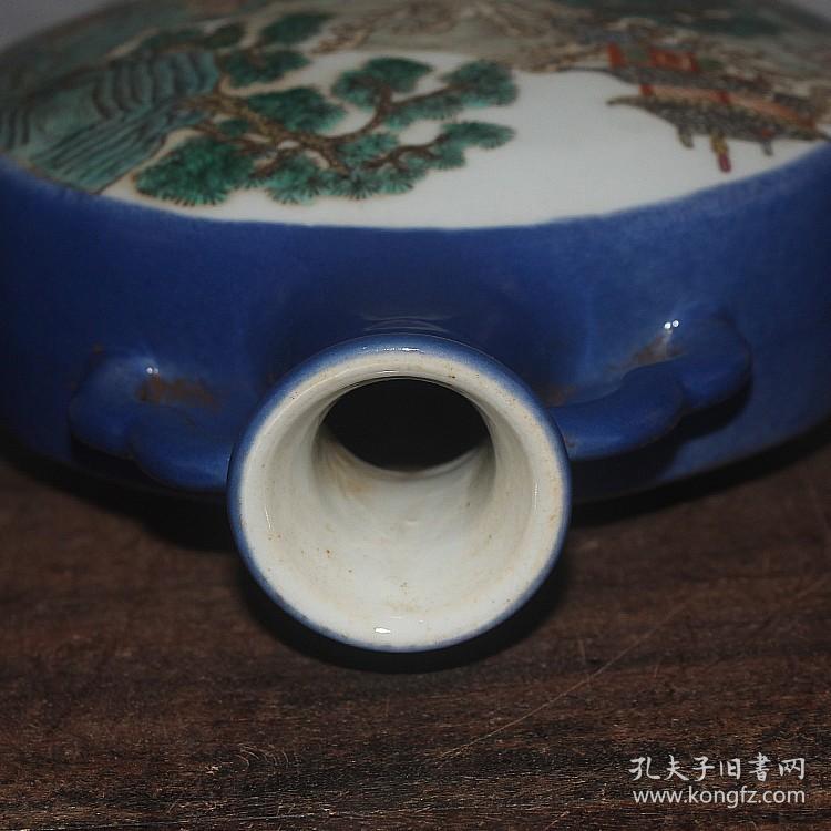 手绘粉彩人物花卉双耳抱月瓶扁瓶双面工手工胎雪花蓝釉明清
