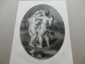 【百元包邮】1863年 钢版画《丘比特与塞姬》（CUPID AND PSYCHE）源自艺术日志  伦敦文切公司出品  纸张尺寸约32.2×23.2厘米。出自英国著名画家、英国首个重要的裸体画和静物画画家，威廉·埃蒂（William Etty，1787-1849）的油画作品