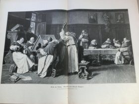 【百元包邮】《音乐会》（Siesta im Kloster） 1883年，大幅木刻版画， 纸张尺寸约56×41厘米。出自19世纪著名德国画家，爱德华·格鲁特纳（Eduard Von Grützner，1846-1925）的油画作品，他以僧侣体裁画出名