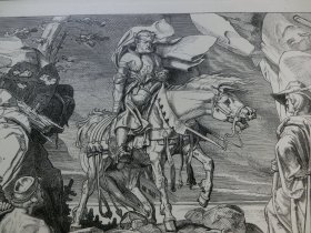 【百元包邮】《铁手骑士：葛兹·冯·贝利欣根的传说》（Gotz von Berlichingen unter den Zigeunern） 1887年，木刻版画， 纸张尺寸约41×28厘米。出自德国画家，莫里茨·冯·贝克拉（Moritz von Beckerath）油画 -- 取材于歌德的历史剧《葛兹·冯·贝利欣根》，葛兹原是16世纪德国的没落骑士，农民战争爆发后参加了法兰克尼亚的农民队伍
