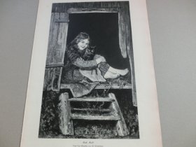 【百元包邮】《少女与黑猫》（Guck，Guck！）1883年，木刻版画， 纸张尺寸约41×28厘米。 出自19世纪著名奥地利画家，古斯塔夫·维特海姆（Gustave Wertheimer，1847-1904）的油画作品