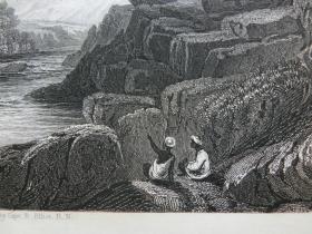 【百元包邮】 《印度北方邦一处绳索桥》（GRASS ROPE BRIDGE AT TEREE）  1840年代  钢版画   纸张尺寸约27 × 20.7厘米