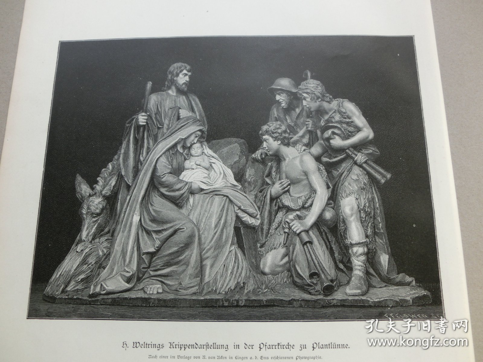 【百元包邮】《诞生》（H Weltrings Krippendarstellung in Pfarrkirche zu Plantlunne) 1890年，木刻版画， 纸张尺寸约41×28厘米。