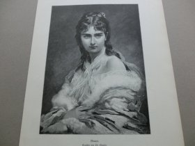 【百元包邮】《绝代芳华》（Bianca）1881年，木刻版画， 纸张尺寸约41×28厘米。出自19世纪著名法国画家、版画家，查尔斯·乔舒亚·卓别林（Charles Joshua Chaplin，1825-1891）的油画作品，卓别林以优雅的年轻女性肖像而闻名，他的肖像妇女绘画，往往朦胧而含蓄