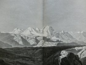 【百元包邮】《风景画：阿尔卑斯山脉，罗莎山群的日出》（Die Monte Rosa Kette bei Sonnenaufgang）1891年，大幅木刻版画， 纸张尺寸约56×41厘米。出自著名瑞士风景画家，亚历山大·卡拉莫（Alexandre Calame，1810–1864）的油画作品 -杜富尔峰海拔4634米，是阿尔卑斯山第二高峰，向西正对马特洪峰，是位于瑞士和意大利边境的罗莎山群的最高点