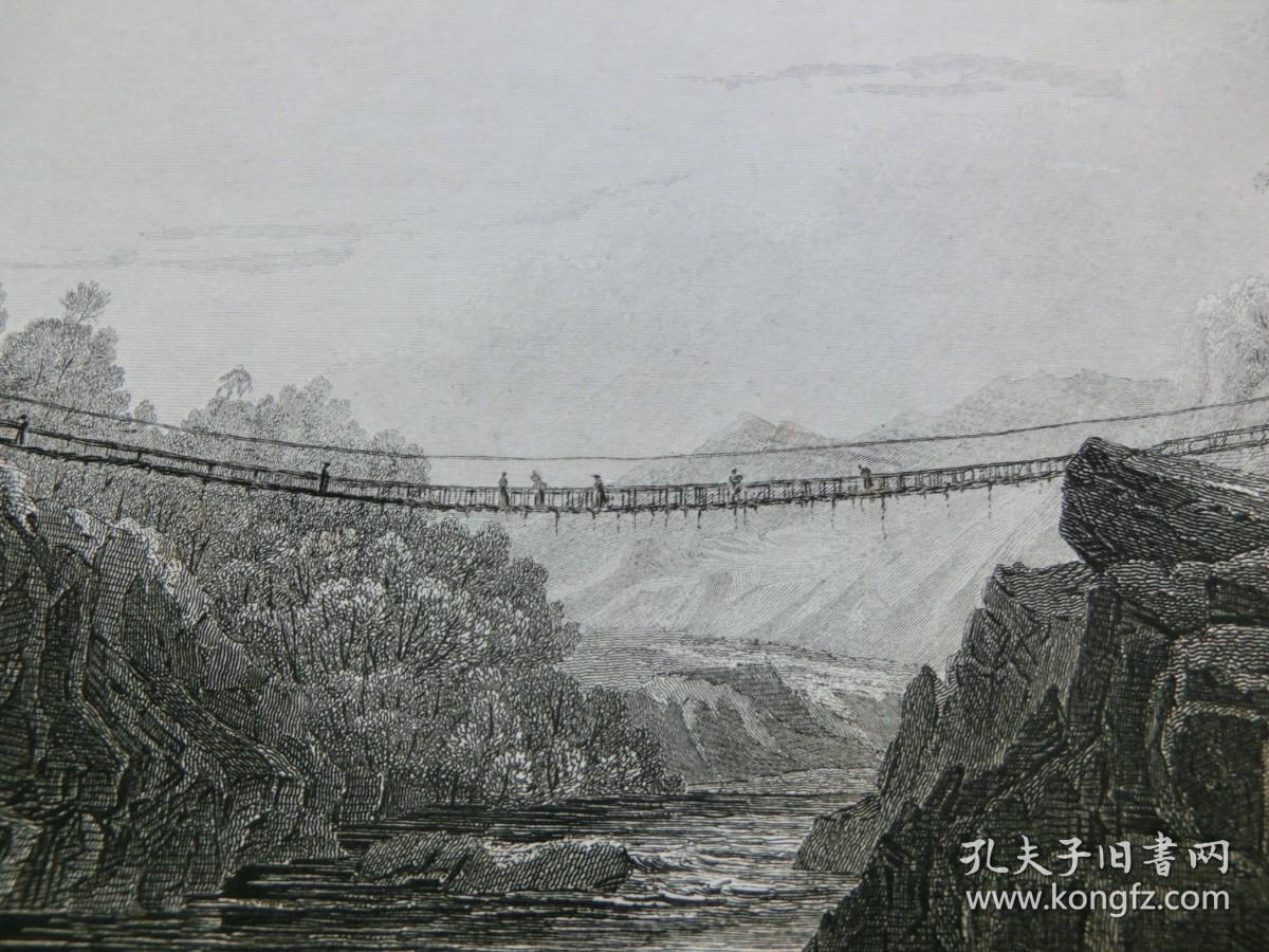 【百元包邮】 《印度北方邦一处绳索桥》（GRASS ROPE BRIDGE AT TEREE）  1840年代  钢版画   纸张尺寸约27 × 20.7厘米