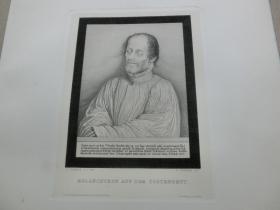 【百元包邮】1885年，蚀刻版画 《冥想中的梅兰希通》（MELANCHTHON AUF DEM TODTENBETT），纸张尺寸约38.3×28.7厘米，16世纪德国文艺复兴时期著名画家，小卢卡斯·克拉纳赫（Lucas Cranach，1515-1586）绘画作品，雕刻师：H.BURKNER