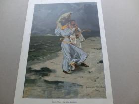【百元包邮】1897年，套色木刻版画《诗意风景画：生命中最美好的时刻》（Das letzte Streichholz），纸张尺寸约41×28厘米。出自德国画家Carl Hermann Kuechler（1866–1903）的原创木刻作品