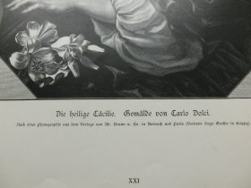 【百元包邮】《美女乐神：演奏管风琴的圣塞西莉亚》（Die Heilige Cäcilie）1886年，木刻版画， 纸张尺寸约41×28厘米。出自17世纪著名意大利巴洛克画家，卡洛·多尔奇（Carlo Dolci，1616-1686）作于1671年的油画，原画藏于德国德累斯顿历代大师画廊 -- 圣塞西莉亚是西方历史上第一个肉身被保存的圣人，后来被西方尊崇为音乐保护神；卒年大概是公元177年