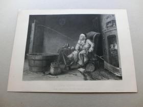 【百元包邮】1850年  钢版画《钓鱼迷，室内垂钓》（THE ENTHUSIAST） 源自艺术日志  伦敦文切公司出品  纸张尺寸约32.3×23.5厘米。出自英国画家，西奥多·拉恩（Theodore Lane，1800–1828）绘画作品。