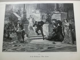 【百元包邮】《唐璜》（Don Juan）1893年，大幅木刻版画， 纸张尺寸约41×28厘米。出自19世纪德国画家，弗里德里希·恩斯特·沃尔弗罗姆（Friedrich Ernst Wolfrom，1857–1920）的油画作品，取材于1787年Tirso de Molina创作的歌剧《唐璜》，唐璜是一位传奇的虚构的西班牙浪子，他一生致力于勾引女性，他以自己能够勾引各个年龄层和不同阶层的女性而自豪