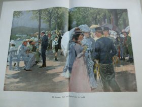 【百元包邮】《在伊施尔的滨海艺术中心》（Auf der Esplanade in Ischl）1902年，大幅彩色平版印刷画，纸张尺寸约56×41厘米。出自19世纪德国风景画家，Wilhelm Gause（1853–1916）的原创作品