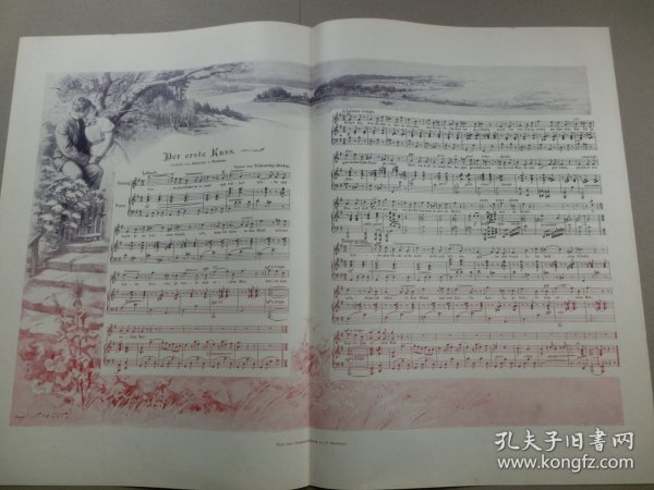 【百元包邮】《古旧乐谱配画》（Der erste Kuss） 1902年，大幅平版印刷画， 纸张尺寸约56×41厘米。