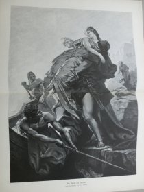 【百元包邮】《特洛伊战争的起源：帕里斯诱拐“美女”海伦》（Der Raub der Helena） 1881年，木刻版画， 纸张尺寸约56×41厘米。出自俄罗斯画家，Rudolf Friedrich von Deutsch（1835-?）油画 ，取材古希腊神话，因“帕里斯的裁判”，女神阿佛洛狄忒把世界上最美的女子许配给他，于是他拐走海伦，从而引起特洛伊战争；描绘特洛伊王子帕里斯带走海伦的场景。