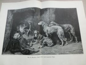 【百元包邮】《忙碌了一天之后的猎犬》（nach einem anstrengenden tage）1902年，大幅木刻版画，纸张尺寸约56×41厘米。出自英国动物和运动画家,菲利普·尤斯塔斯·斯特雷顿 (Philip Eustace Stretton,1865-1919)油画作品