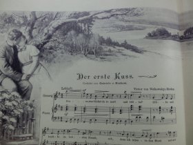 【百元包邮】《古旧乐谱配画》（Der erste Kuss） 1902年，大幅平版印刷画， 纸张尺寸约56×41厘米。