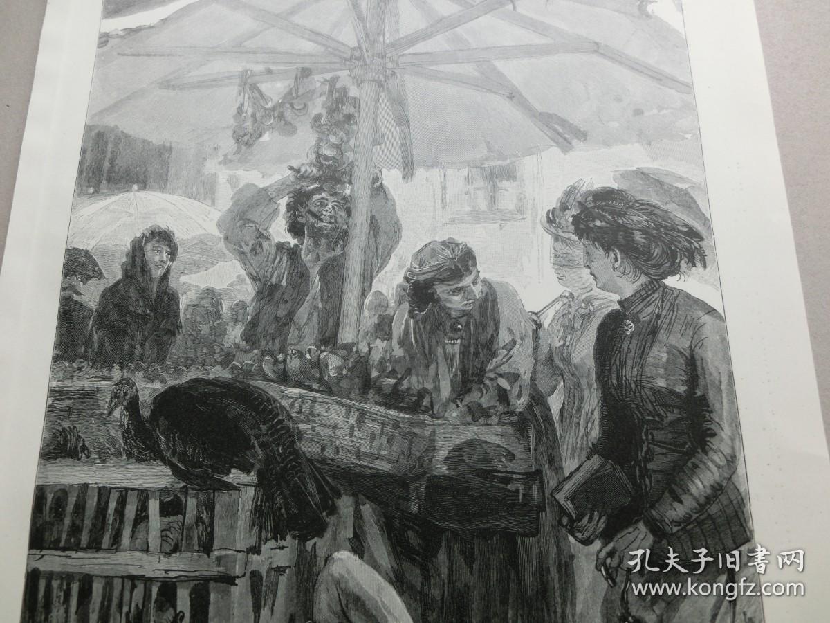 【百元包邮】1896年，木刻版画《意大利1885年市场一景》 ( Scene von einem italienischen markte 1885 )，纸张尺寸约41×28厘米。出自德国19世纪最伟大画家，世界著名素描大师，阿道夫·冯·门采尔（Adolph Von Menzel，1815-1905）绘画作品