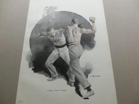 【百元包邮】1897年，彩色平版印刷画《战斗的拳击手》（Boxer im Kampf） ，纸张尺寸约41×28厘米。